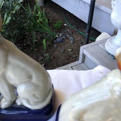 Two Pairs of Vintage English Porcelain Figurines Bookends Dogs and Man Riding Horse Over Jump