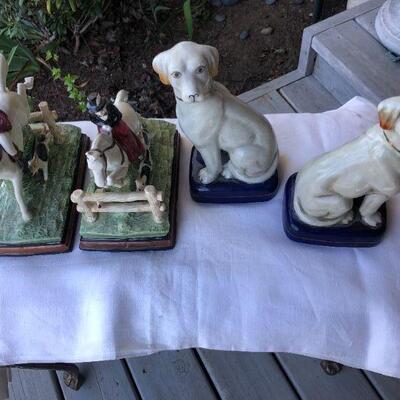 Two Pairs of Vintage English Porcelain Figurines Bookends Dogs and Man Riding Horse Over Jump