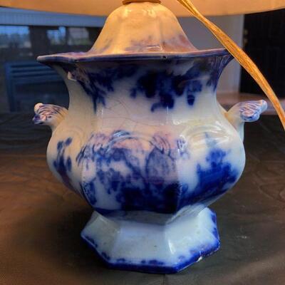 Pair of Flow Blue and White Porcelain Lamps Scinde Oriental Stone J&G Alcock