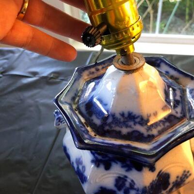 Pair of Flow Blue and White Porcelain Lamps Scinde Oriental Stone J&G Alcock