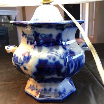 Pair of Flow Blue and White Porcelain Lamps Scinde Oriental Stone J&G Alcock