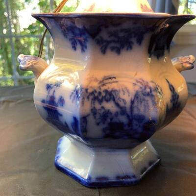 Pair of Flow Blue and White Porcelain Lamps Scinde Oriental Stone J&G Alcock