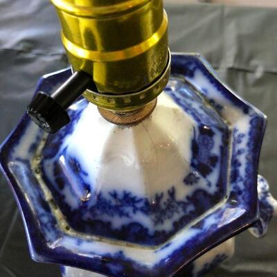 Pair of Flow Blue and White Porcelain Lamps Scinde Oriental Stone J&G Alcock