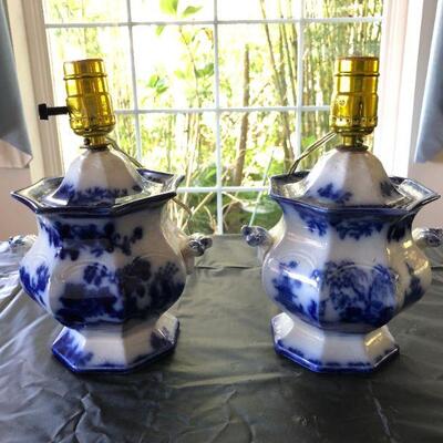 Pair of Flow Blue and White Porcelain Lamps Scinde Oriental Stone J&G Alcock