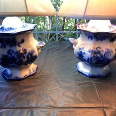 Pair of Flow Blue and White Porcelain Lamps Scinde Oriental Stone J&G Alcock