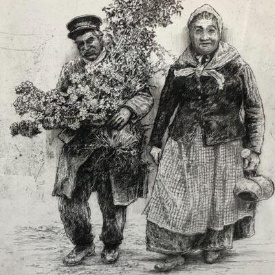 Original Signed Paul Geissler Drawing Etching of Older Couple Carrying Large Plant and Watering Can