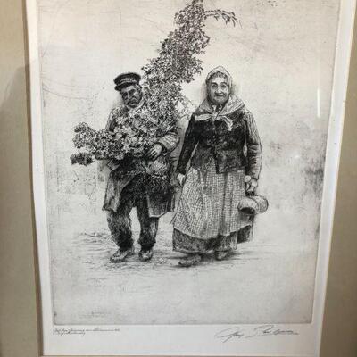 Original Signed Paul Geissler Drawing Etching of Older Couple Carrying Large Plant and Watering Can