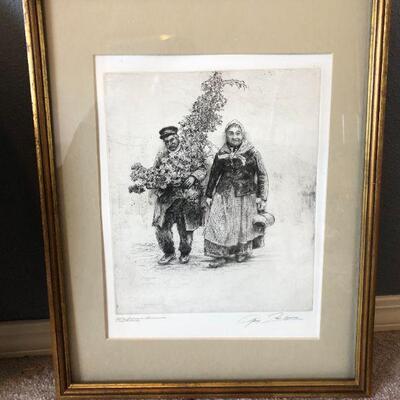 Original Signed Paul Geissler Drawing Etching of Older Couple Carrying Large Plant and Watering Can