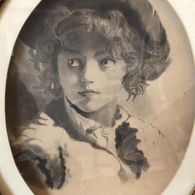 Antique 1887 Charcoal Art Drawing of Young Woman
