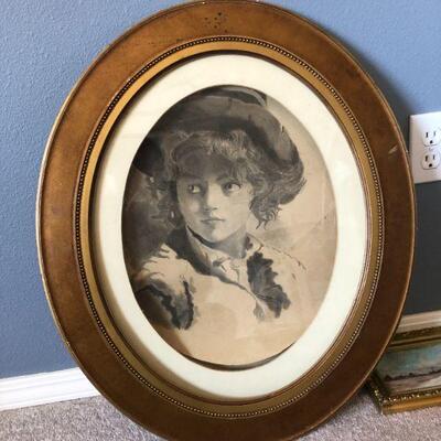 Antique 1887 Charcoal Art Drawing of Young Woman