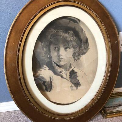 Antique 1887 Charcoal Art Drawing of Young Woman