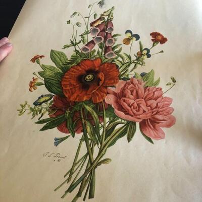 1945 Jean Louis Prevost Bouquets Paris Etching Society Two Vibrant Floral Prints in Original Sleeve