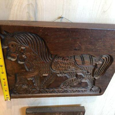 Pair of Vintage Carved Wood Block Wall Art Horse and Horseback Rider