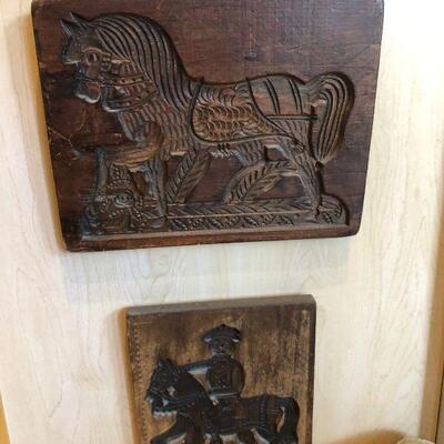 Pair of Vintage Carved Wood Block Wall Art Horse and Horseback Rider