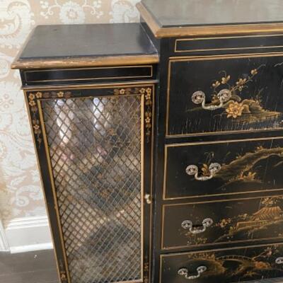 Spectacular chinoiserie antique chest with hidden storage inside the drawer