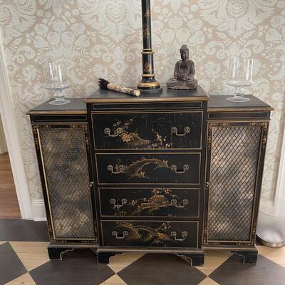 Spectacular chinoiserie antique chest with hidden storage inside the drawer