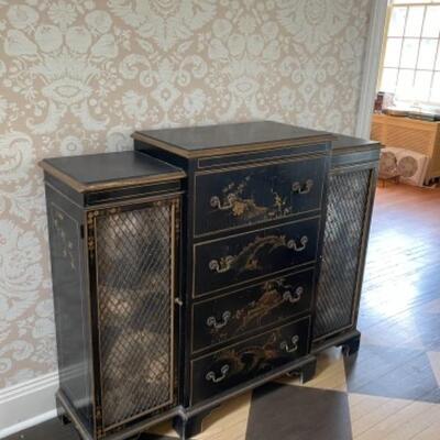 Spectacular chinoiserie antique chest with hidden storage inside the drawer