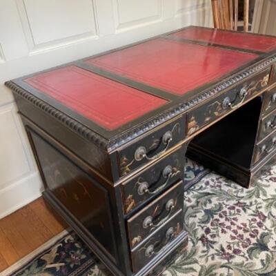 Beautiful chinoiserie antique desk with red leather top