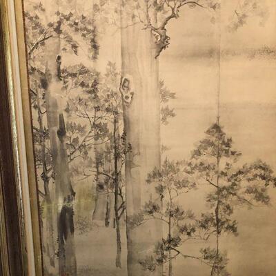 Antique Asian Signed Drawing Art of Trees and Leaves in Forest