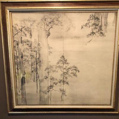 Antique Asian Signed Drawing Art of Trees and Leaves in Forest