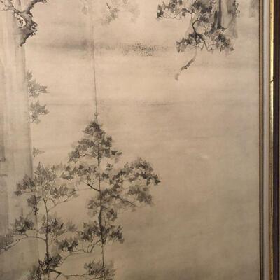 Antique Asian Signed Drawing Art of Trees and Leaves in Forest