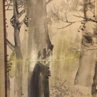 Antique Asian Signed Drawing Art of Trees and Leaves in Forest