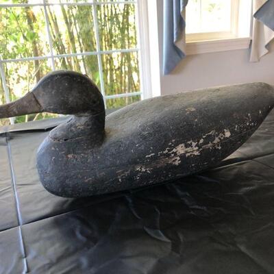 Antique Wood Decoy Duck with Black Body and Yellow Beak Bill