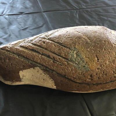 Antique Brown Wood Decoy Duck with Painted Speckled Face and Carved Back