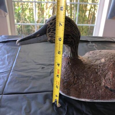 Antique Brown Wood Decoy Duck with Painted Speckled Face and Carved Back
