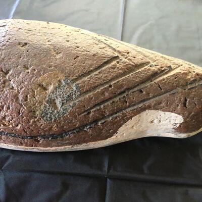 Antique Brown Wood Decoy Duck with Painted Speckled Face and Carved Back