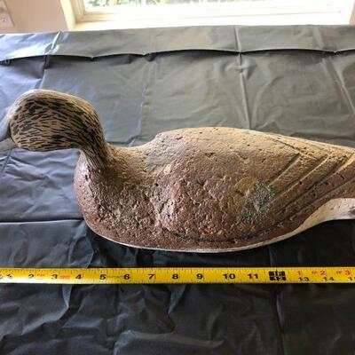 Antique Brown Wood Decoy Duck with Painted Speckled Face and Carved Back