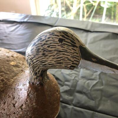Antique Brown Wood Decoy Duck with Painted Speckled Face and Carved Back