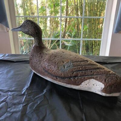 Antique Brown Wood Decoy Duck with Painted Speckled Face and Carved Back