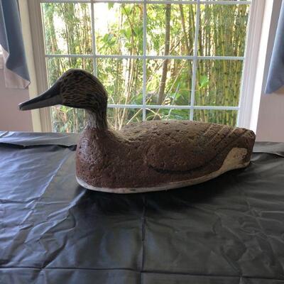 Antique Brown Wood Decoy Duck with Painted Speckled Face and Carved Back