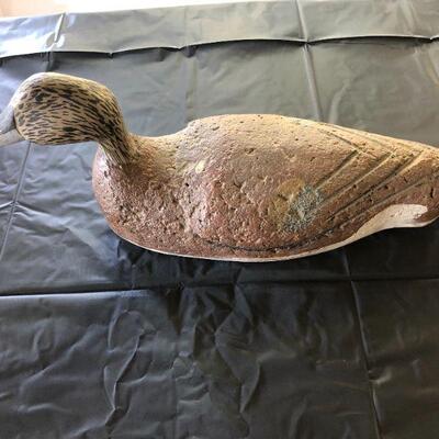 Antique Brown Wood Decoy Duck with Painted Speckled Face and Carved Back