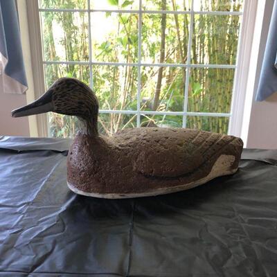 Antique Brown Wood Decoy Duck with Painted Speckled Face and Carved Back