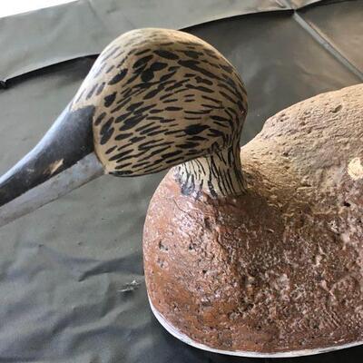 Antique Brown Wood Decoy Duck with Painted Speckled Face and Carved Back