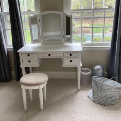 White vanity with mirror and stool