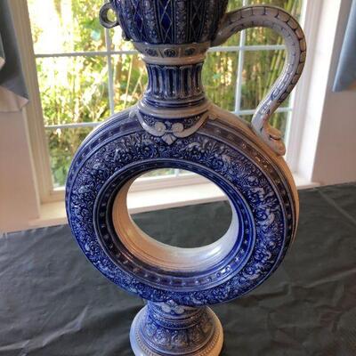 Rare Simon Peter Gertz 763 Blue and White Glazed Stoneware Beer Stein Pitcher Circular with Hole in Middle