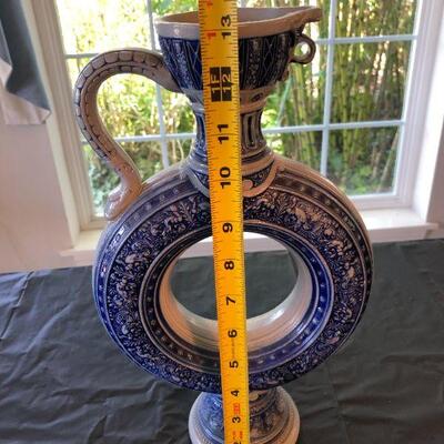 Rare Simon Peter Gertz 763 Blue and White Glazed Stoneware Beer Stein Pitcher Circular with Hole in Middle