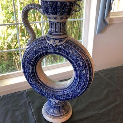 Rare Simon Peter Gertz 763 Blue and White Glazed Stoneware Beer Stein Pitcher Circular with Hole in Middle
