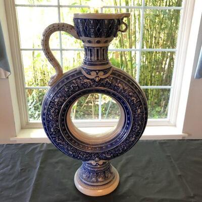 Rare Simon Peter Gertz 763 Blue and White Glazed Stoneware Beer Stein Pitcher Circular with Hole in Middle