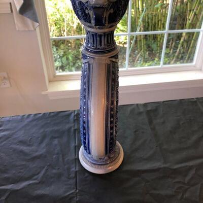 Rare Simon Peter Gertz 763 Blue and White Glazed Stoneware Beer Stein Pitcher Circular with Hole in Middle