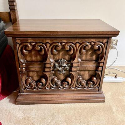 Lot 218  Vintage 1970's 2 Drawer Pressed Wood Night Stand Spanish Revival Style
