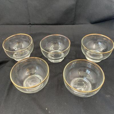 5 Vintage Clear Glass Custard Cups, Gold-Rimmed and Footed 