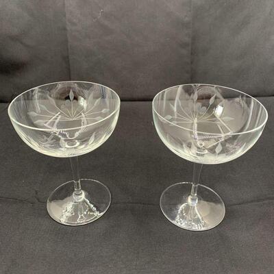 2 Vintage Champagne Glasses With Soft Etching
