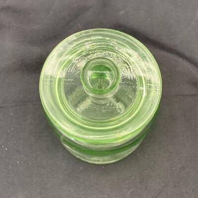 Vintage Green Depression Uranium Glass Hand Blown Jar w/ Lid
