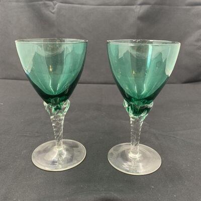 2 Vintage Green Depression Wine Glasess