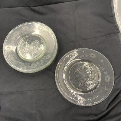 4 Vintage Clear Glass Side Plates, Etched Flowers, Leaves, Star