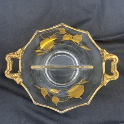 Vintage Gold Overlay Floral Glass Candy Dish